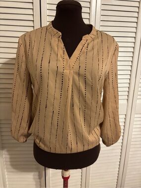 Womens Tan Patterned V-Neck Blouse